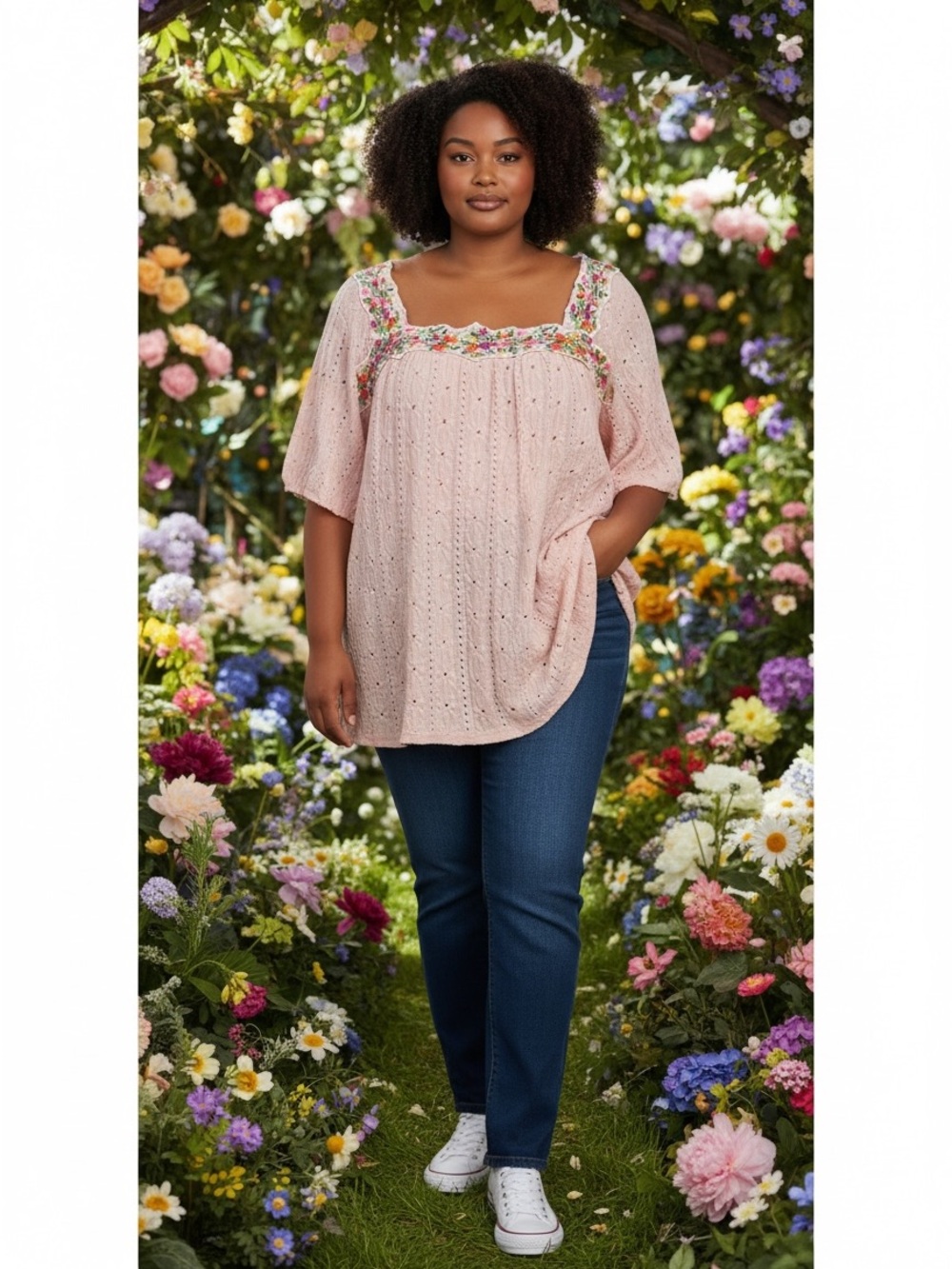 BloomChic Blush Eyelet Square-Neck Embroidered Peasant Top